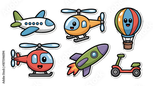  Whimsical transportation: A delightful assortment of cartoon vehicles, including an airplane, helicopter, hot air balloon, rocket, and scooter, each with a charming smile.