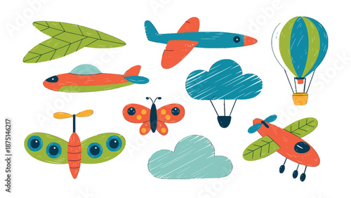 Whimsical Flight: A collection of charming, hand-drawn illustrations features a playful assortment of aircraft and elements, inviting viewers on an imaginative journey.
