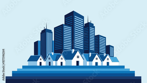 City skyline with modern skyscrapers and suburban white houses on blue steps