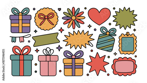 Gift Collection: A vibrant array of gift boxes and decorative elements, designed with bright colors and playful shapes, perfect for celebrating special occasions, spreading joy.
