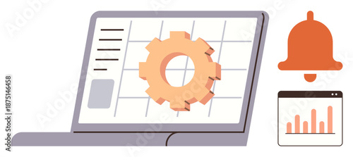 Business settings, notifications, data management, system alerts, analytics monitoring, software updates. A laptop with a gear icon screen, a bell and a graph. Business settings and notifications