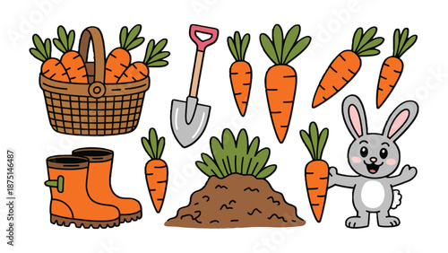 Garden's Bounty: An illustration showcases a collection of garden elements, including carrots, a basket, a shovel, boots, a rabbit, and a patch of earth.
