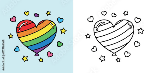Rainbow heart balloon with stars. Vector illustration with black and white coloring book page outline.