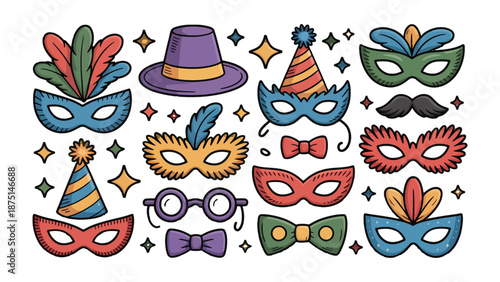 Masquerade Accessories: A festive collection of vibrant masks, hats, and decorative elements, perfect for celebrating in style, evoking a sense of joy and playful spirit.