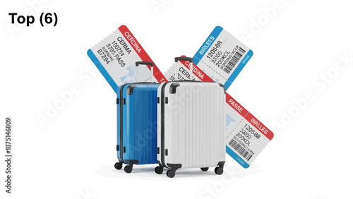 Two suitcases with promotional banners on a white background