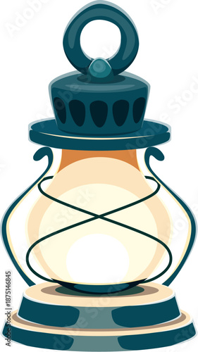 Cartoon vintage lantern glowing with soft yellow light. Vector Happy St Patrick day symbol of Irish holiday celebration. Traditional old fashioned oil camping lamp for outdoor or festive decoration