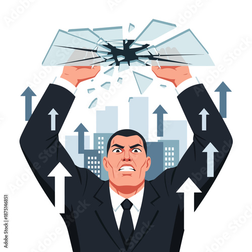 Determined Businessman Shattering Glass Ceiling Above Cityscape with Upward Arrows Symbolizing