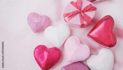 Romantic Valentine's Day Gifts. Two heart-shaped boxes tied with pink ribbons on a blurred pink background, symbolizing love and affection for Valentines Day. The concept represents celebration