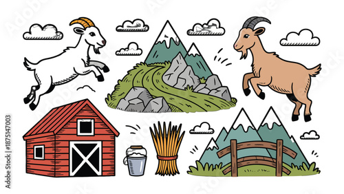 Farm Life in Illustration: A lively illustration captures the essence of rural farm life, featuring playful goats, a rustic barn, majestic mountains.