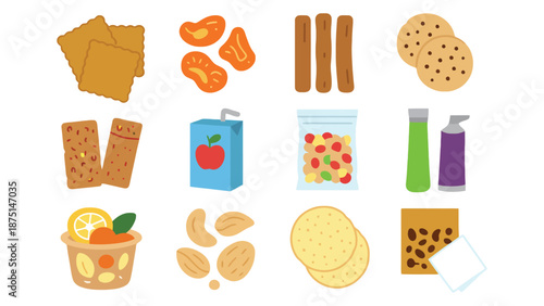 A colorful illustration of various food items and snacks on a white background
