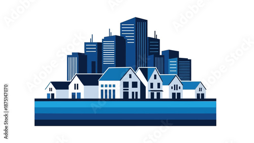 Suburban homes and city skyline with modern buildings in blue tones on a white background
