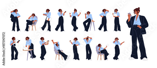 African American business woman set. Black businesswoman in different poses. Busy office worker in fashion suit. Girl employee works, calls. Flat isolated vector illustrations on white background