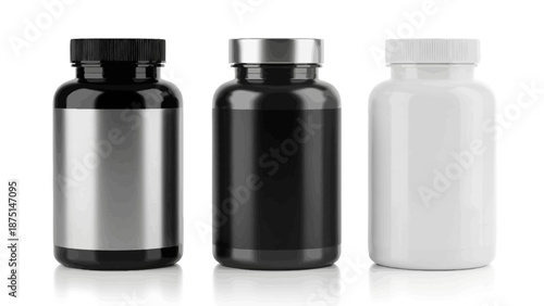 Three plastic bottles with different colored caps and labels