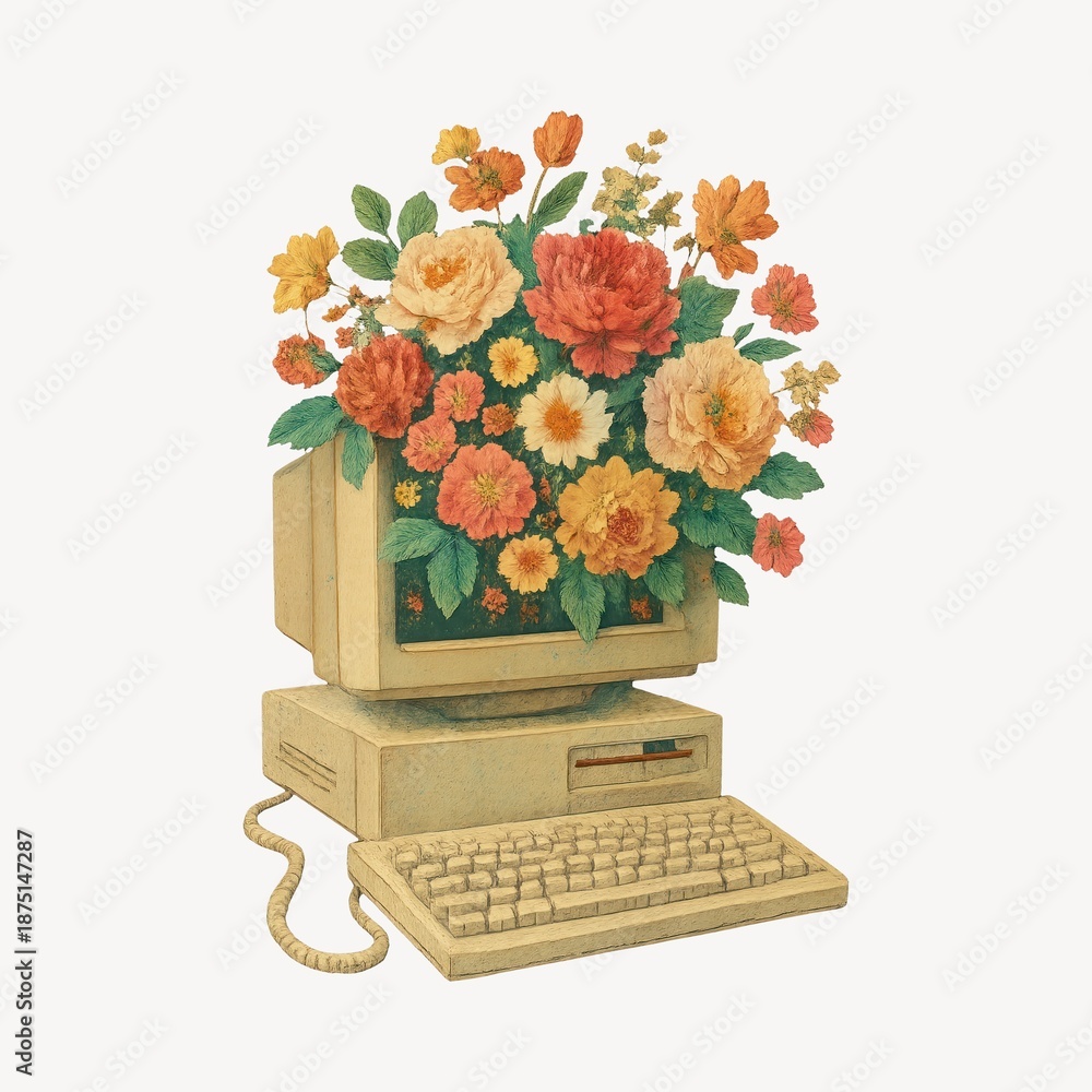 Fototapeta premium Vintage computer blooms flowers