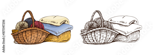 Hand drawn vintage set of knitting accessories and yarn ball with needles in color and monochrome version