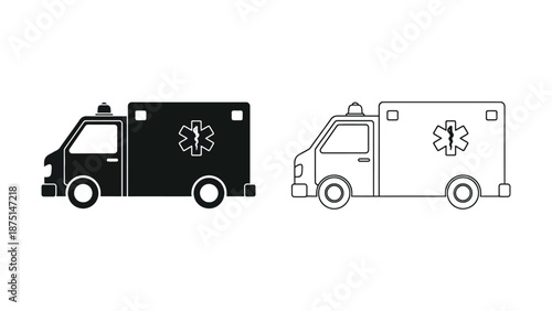 A black and white illustration of two ambulance vehicles side by side