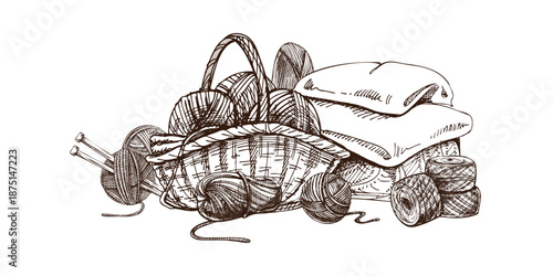 Hand drawn vintage sketch of knitting basket with yarn balls needles fabric and handmade textile tools