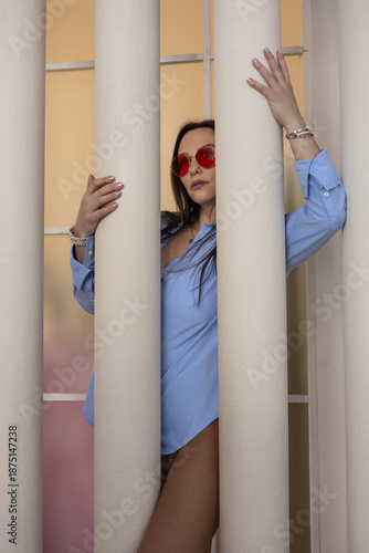 Portrait of a beautiful dark-haired woman in a blue shirt posing by the columns in the bedroom of her home.