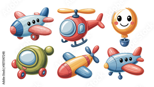 Airborne Toy Collection: Delightful assortment of vibrant toy aircrafts, helicopters, and a smiling hot air balloon arranged, ready to soar into imaginative play