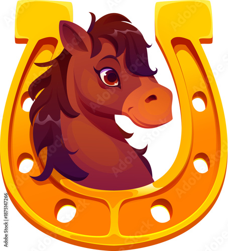 Chinese New Year funny horse and horseshoe for CNY holiday, cartoon vector character. Chinese New Year cheerful horse foal head in golden horseshoe, traditional Asian horoscope animal for greeting