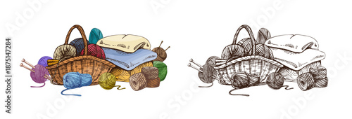 Hand drawn vintage sketch of knitting basket with yarn balls needles fabric color and monochrome versions