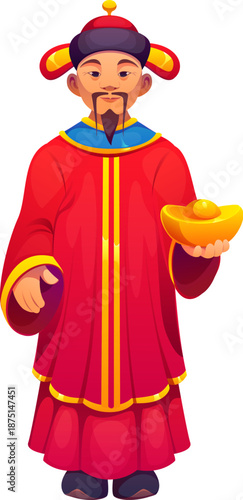 Chinese lunar New Year holiday character of God of Prosperity, vector Asian symbol. Chinese Lunar New Year god of wealth or Caishen with golden sycee or gold ingot in hand for fortune and luck