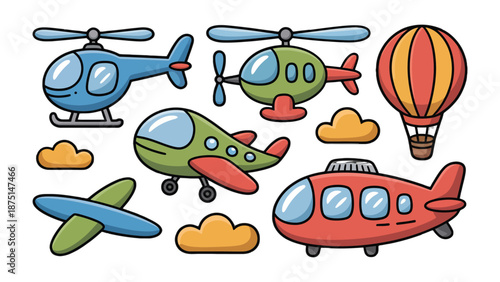 Air Transportation Ensemble: a vibrant composition features an array of air transportation, including helicopters, airplanes and hot air balloon, against a soft backdrop of fluffy clouds.