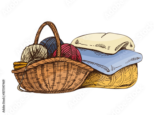 Hand drawn vintage sketch of knitting basket with colorful yarn balls needles fabric and handmade textile tools