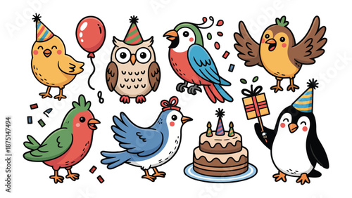 Festive Fowl Fête: A delightful illustration showcases an array of charming birds adorned with party hats, balloons, and cake, celebrating a joyous occasion.