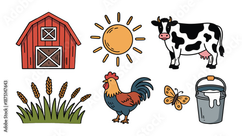 Farm Life Illustration: Capturing the essence of a serene farm with a charming barn, a radiant sun, a content cow, a crowing rooster, a fluttering butterfly, a bountiful patch of wheat.