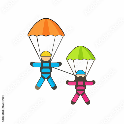 Minimal parachute skydiving couple flat vector icon illustration isolated on white