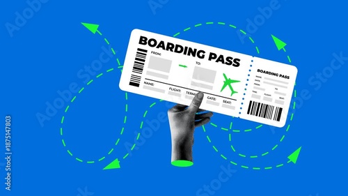Halftone hand holding boarding pass for plane. Moving route paths with an arrow. Travel, tourism concept. Airplane ticket. Go on an adventure. Vacation time. Collage animation