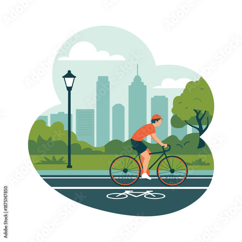 A cyclist riding a bike on a city bike lane with a urban skyline in the background