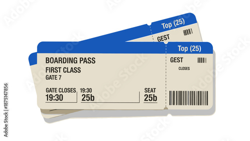 Two boarding passes with blue and white design and barcode