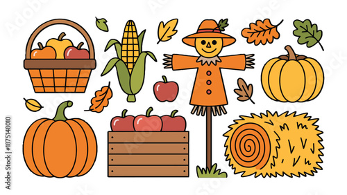 Autumn Harvest: A colorful assortment of harvest elements, including pumpkins, apples, corn, a scarecrow, and a hay bale, creating a scene of abundance and the spirit of the season.
