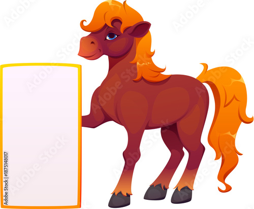 Chinese lunar New Year horse funny cartoon character, vector CNY holiday symbol. Chinese New Year cheerful horse with wish letter or greeting card frame for Asian traditional lunar zodiac animal