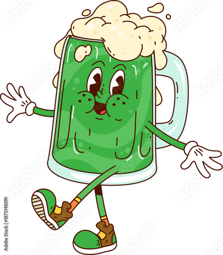 Cartoon groovy Saint Patrick's day green beer or ale mug character, retro holiday personage. Vector glass cup filled with traditional, foamy Irish drink, cheerful funky beverage ready for celebration