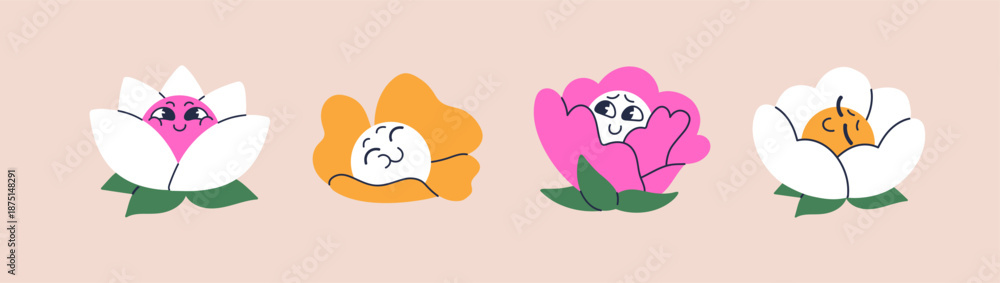 Fototapeta premium Cute groovy flowers set. Happy wildflowers with joyful, smiling faces in retro style. Avatars of funky blooming plants with different positive emotions, expressions. Flat isolated vector illustration