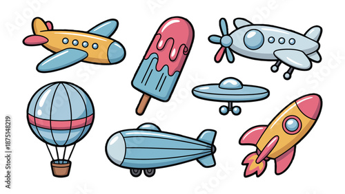 Whimsical Flight: A vibrant illustration showcasing an array of playful travel elements, from soaring aircraft to dreamy hot air balloons and rocket. 