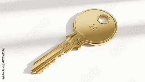 Close up of a single golden key on a white background