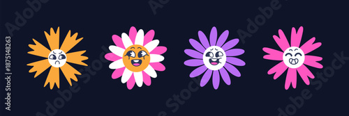 Set of flowers' avatars in groovy style. Funky wildflowers with different emotions, expressions. Cute blooming plants with happy, sad, angry and confused faces. Flat isolated vector illustrations