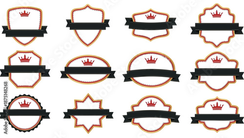 Collection of 12 royal label icons with crowns and ribbons on white background for branding