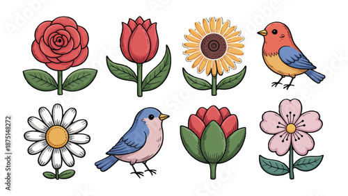 Bloom and Chirp: A vibrant collection of flowers and birds, perfect for spring's touch and blooming season.