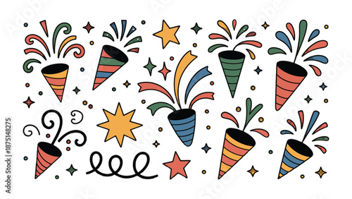 Festive Celebration: Capturing the essence of joy and revelry, this lively illustration depicts an assortment of party poppers and colorful stars, ideal for conveying a message of celebration.