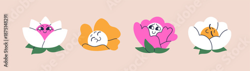 Cute groovy flowers set. Happy wildflowers with joyful, smiling faces in retro style. Avatars of funky blooming plants with different positive emotions, expressions. Flat isolated vector illustration