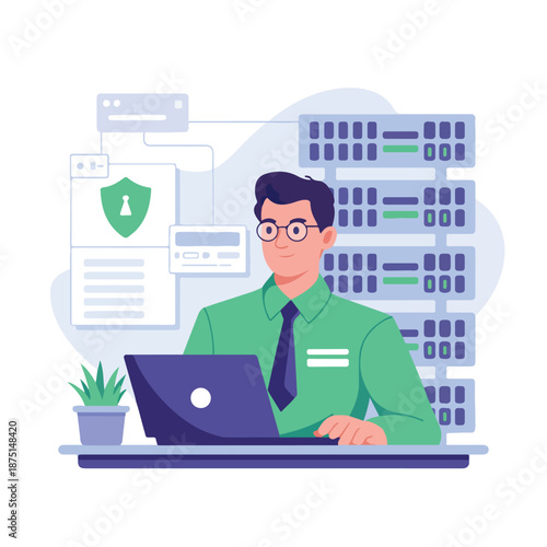 A cartoon man working on a laptop with a security shield on the screen