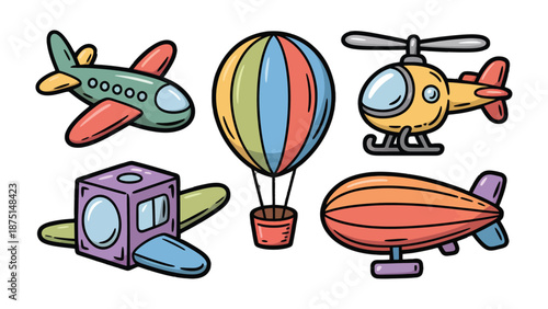 Whimsical Air Travel: A vibrant collection of stylized aircraft, including an airplane, hot air balloon, helicopter, zeppelin and a space aircraft, inviting a sense of wonder and imaginative journeys.