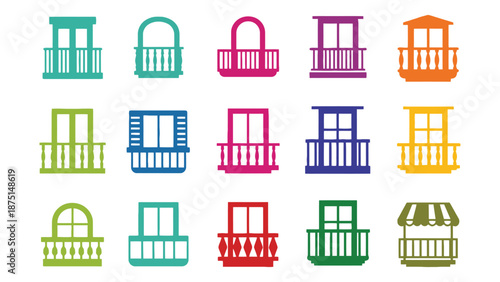 A colorful collection of various balcony designs and architectural elements