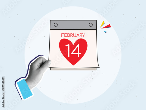 Black and white hand holding a page of a paper calendar with the date February 14th. Valentine's Day. Modern collage style. Vector illustration