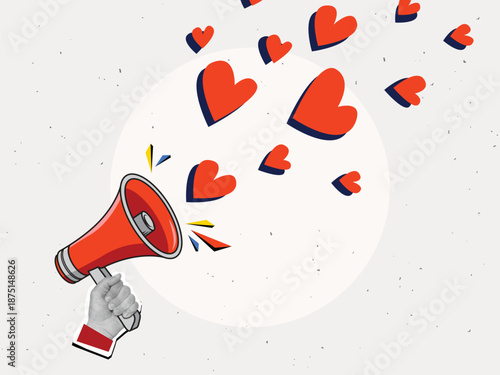 A hand holding a megaphone with hearts flying out. Lovebombing concept. Modern collage style. Vector illustration